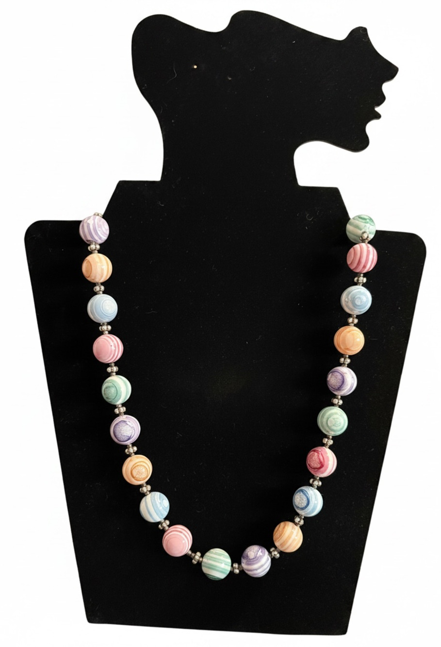 Vintage Pastel Swirl Bead Necklace with Silver Tone Spacers